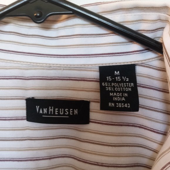 VAN HEUSEN MENS SHIRT MEDIUM SHORT SLEEVE 15"-15.5" NECK BROWN TAN WHITE STRIPES - Picture 4 of 4
